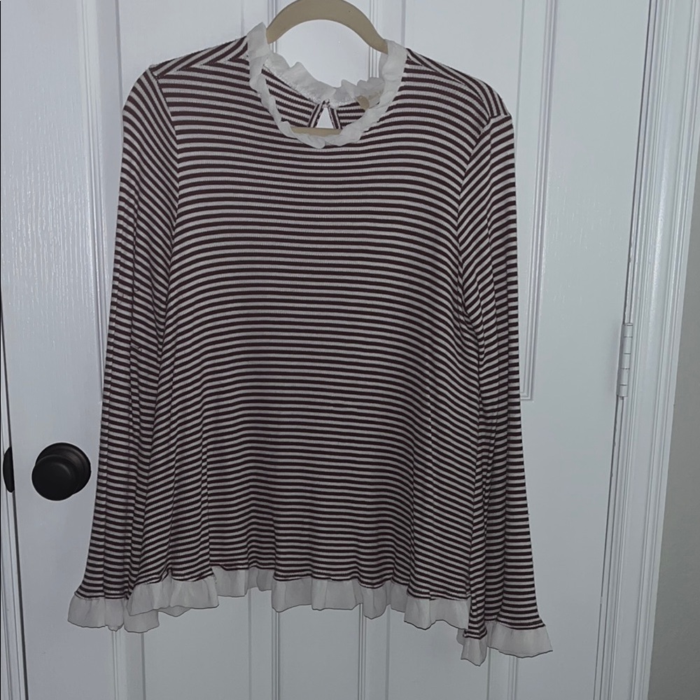 Altar’d State Striped Brown and White Women's Long Sleeve Top